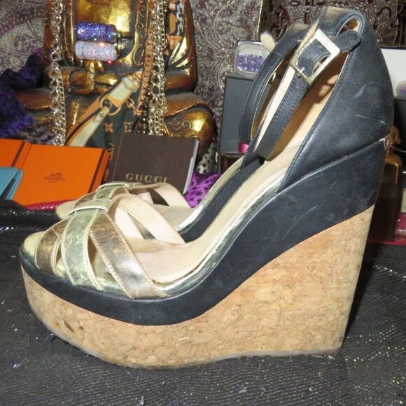 Jimmy Choo Vintage Luxury Italian Leather and Cork Ankle Strap Wedges Metallic - Picture 1 of 9